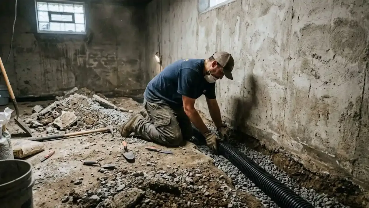 Worker laying drain pipe in gravel along the base of a basement wall