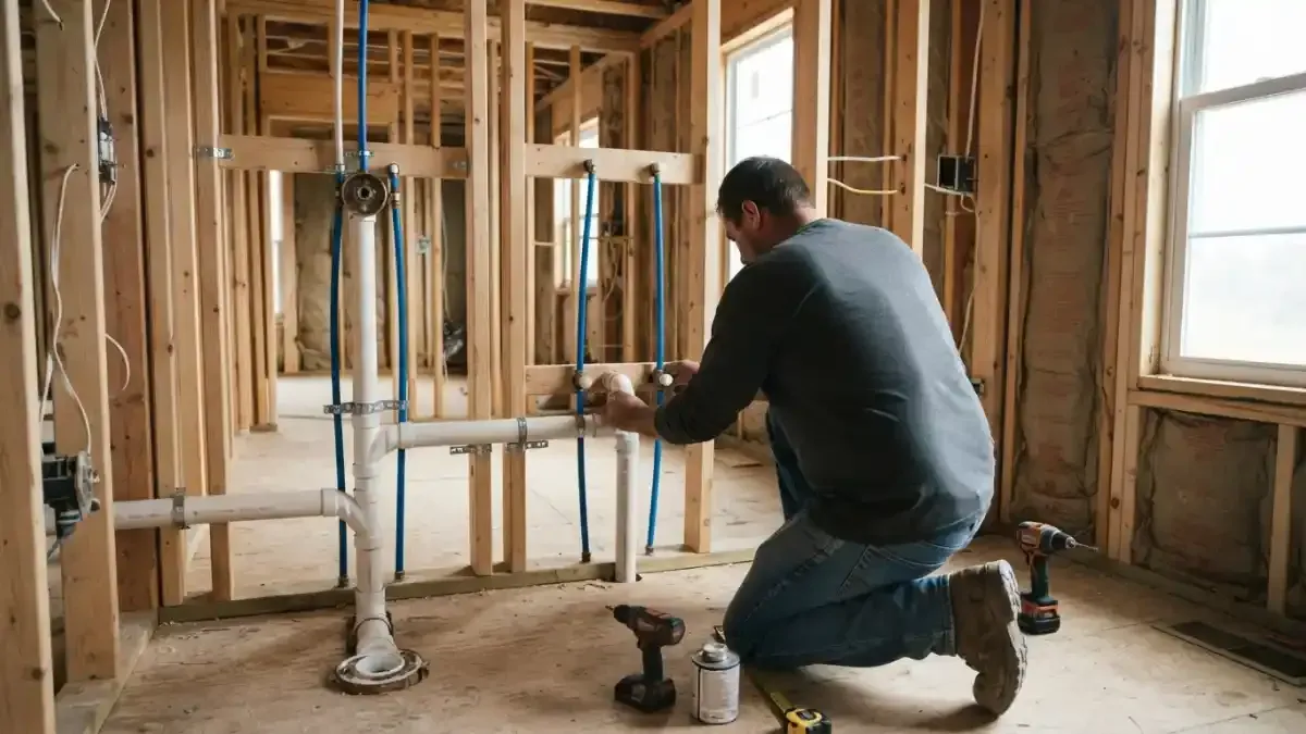 Plumber roughing in drain and vent pipes in a framed new room