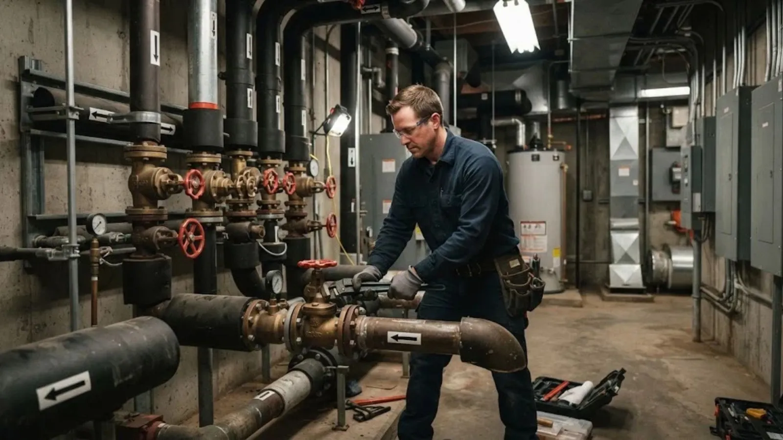 Plumber working on valves and large pipes in a commercial mechanical room