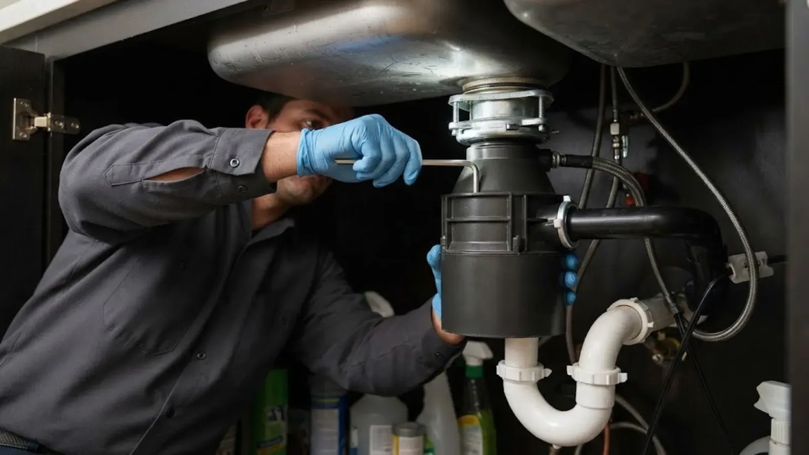 Plumber in blue gloves repairing a garbage disposal under a kitchen sink
