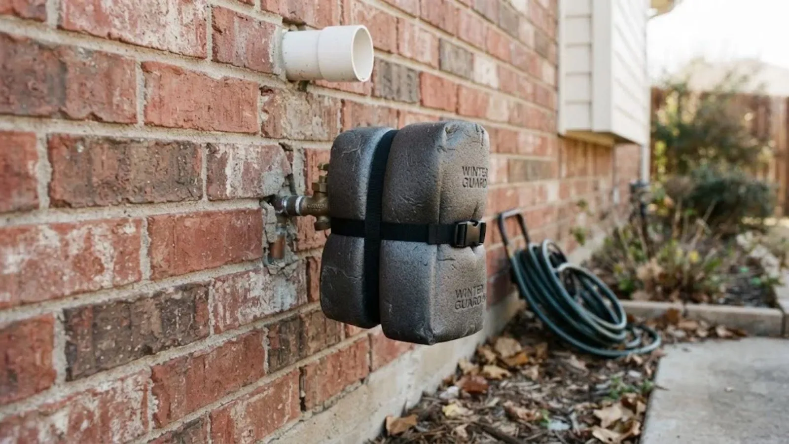 Outside faucet on a brick wall with a hose attached and an insulated freeze cover