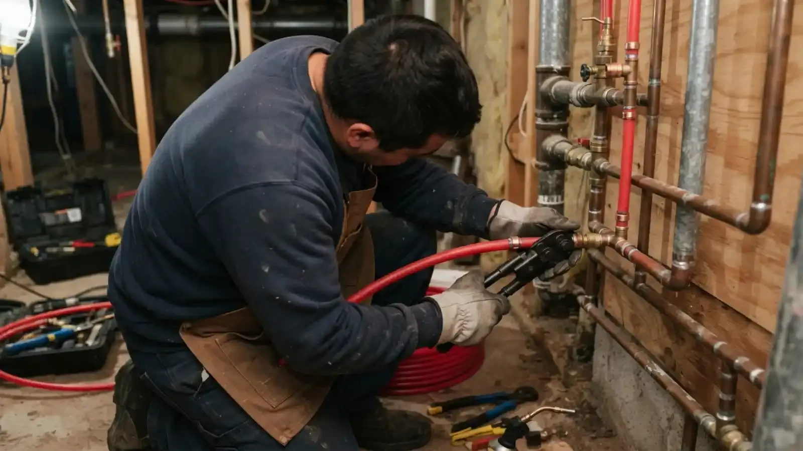 Plumber connecting new red PEX tubing to old pipes inside an open wall