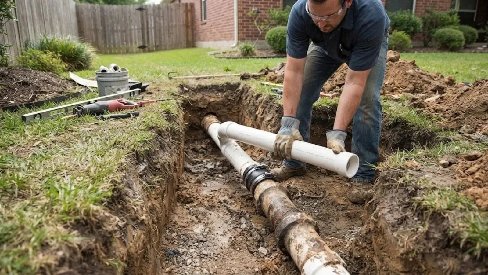 Plumber setting new sewer pipe in a trench beside an old cast iron line