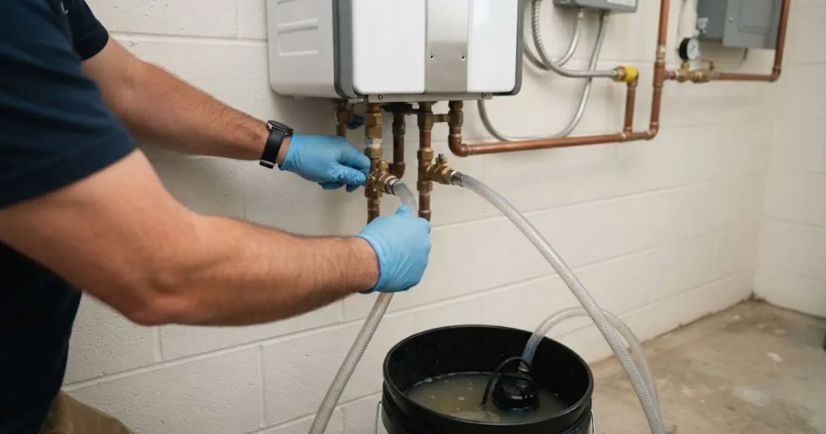 Plumber flushing a tankless water heater with hoses connected to a bucket