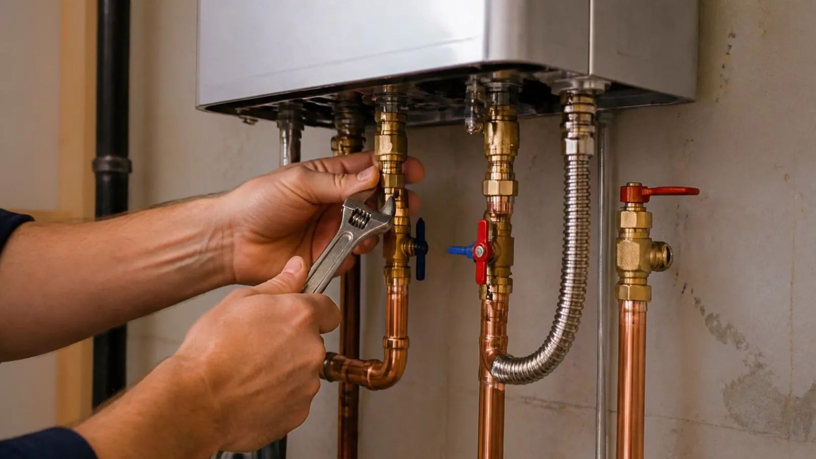 Hands tightening copper and gas connections under a wall-mounted water heater