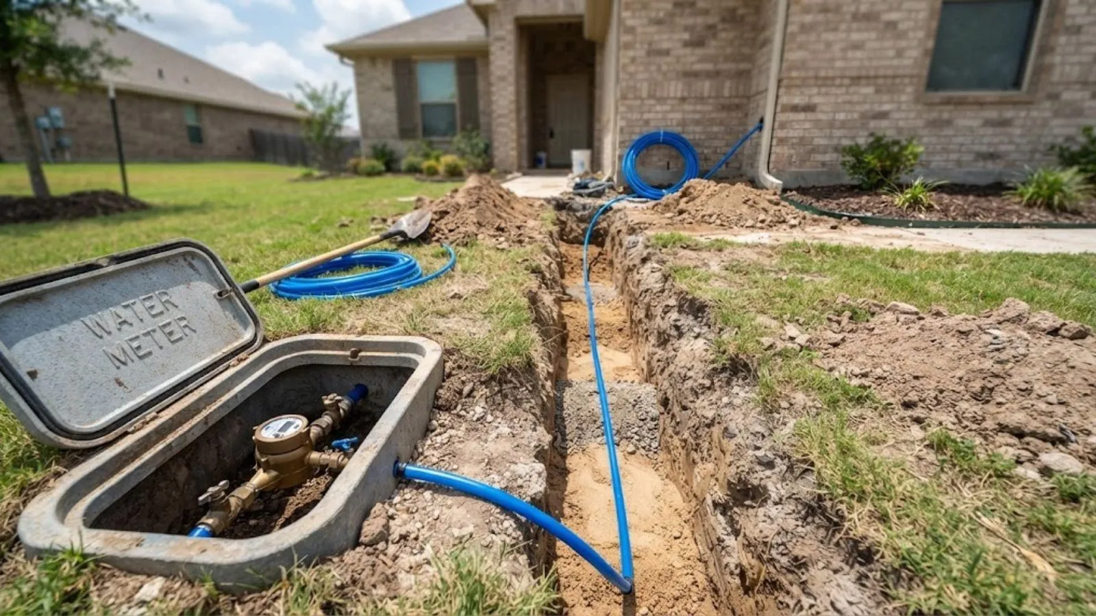 Water meter box and a new blue water service line in a trench leading to a house