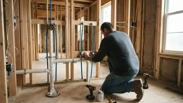 Plumber roughing in drain and vent pipes in a framed new room