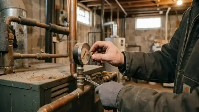 Hand checking a pressure gauge on an old boiler in a basement