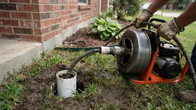 Sewer cleaning machine feeding a cable into a yard cleanout beside a brick house