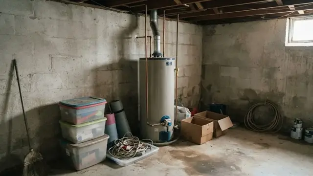 Old tank water heater in a basement with a concrete block wall