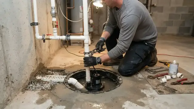 Plumber installing a sump pump and discharge pipe in a basement pit