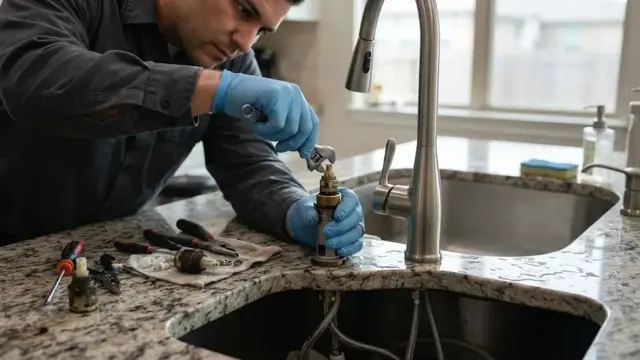 Plumber repairing a kitchen faucet cartridge at a granite counter