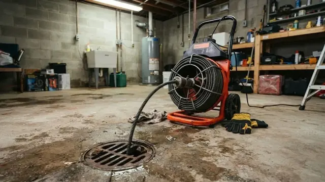 Drain cleaning machine with a cable feeding into a basement floor drain